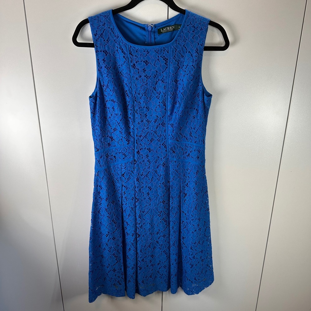 Ralph Lauren Women's 8 Cobalt‎ Blue Lace Sleeveless Dress Party Cocktail Wedding